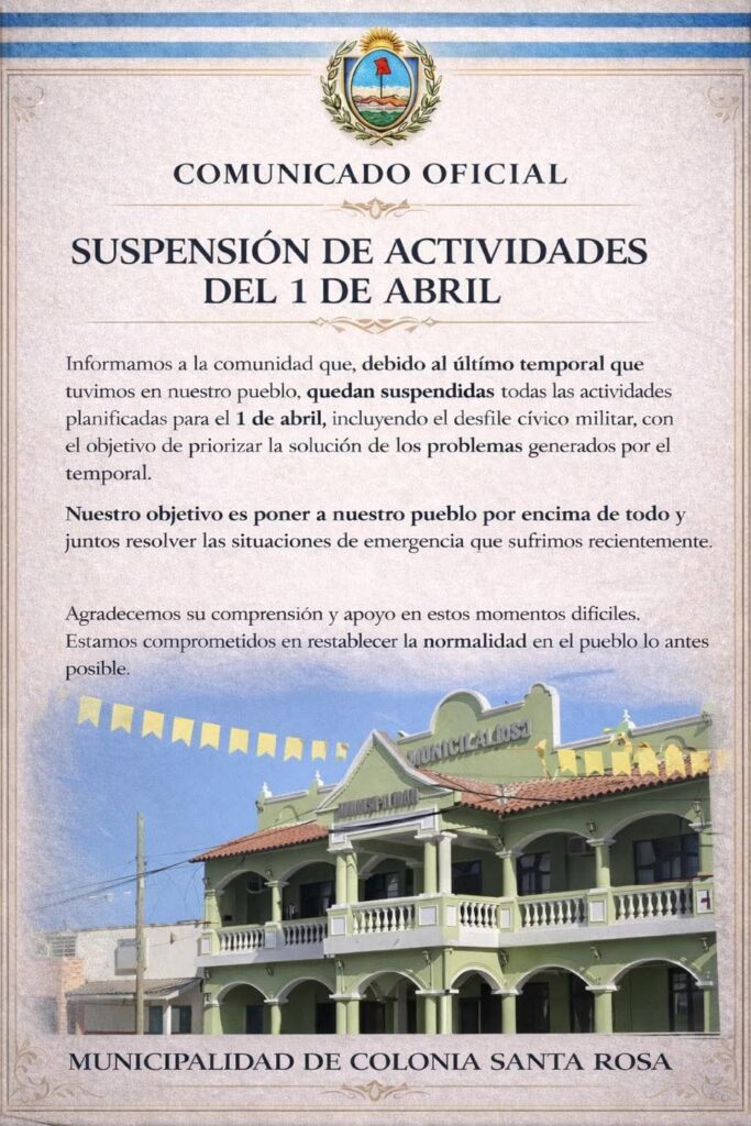 Debido al temporal Colonia Santa Rosa suspende toda actividad del 1 de abril