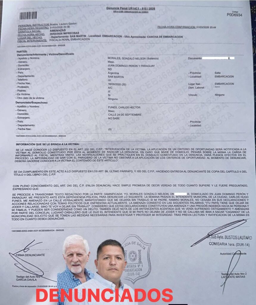 Ex empleado municipal denunció al intendente de Embarcación y concejal por persecución laboral