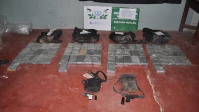 Abandonan 67 kilos de cocaína en Orán, en la margen de la unión de los ríos Pescado y Bermejo. También hallaron dos pistolas y municiones.