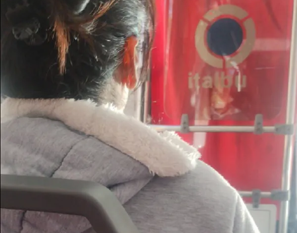 La mujer viajando en colectivo