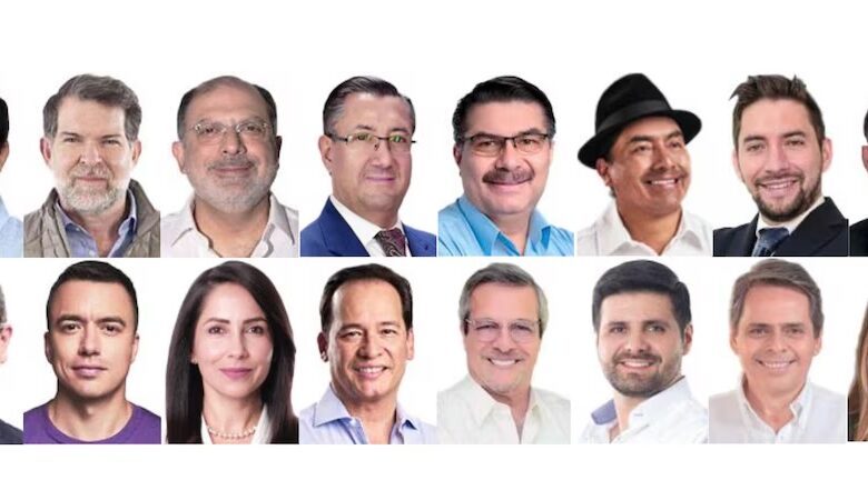 Los 16 candidatos presidenciales de Ecuador. (CNE/ Composición Infobae)