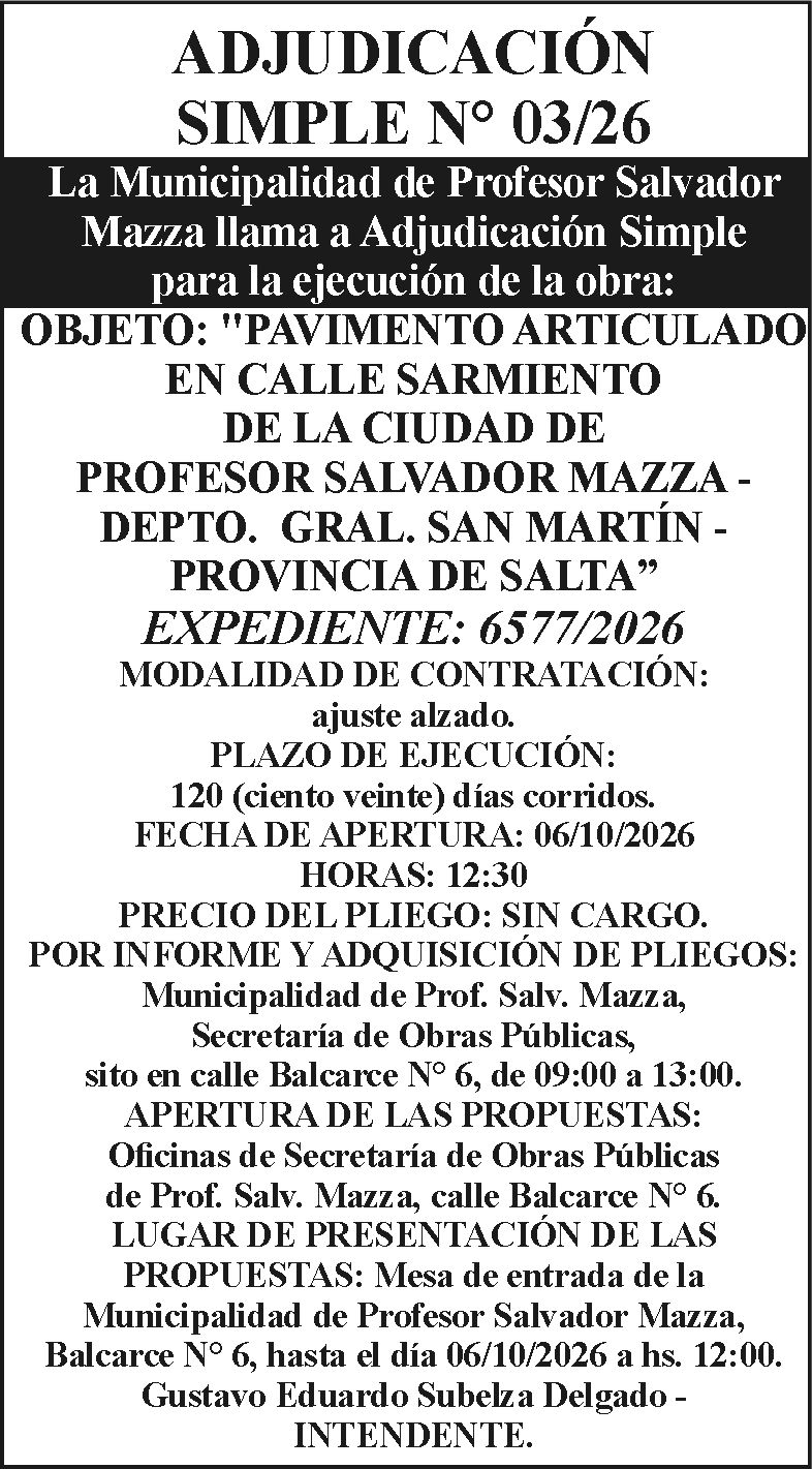 Arg Simble ADJUDICACION SIMPLE Nº 03/26 - Nuevo Diario de Salta | El diario ...